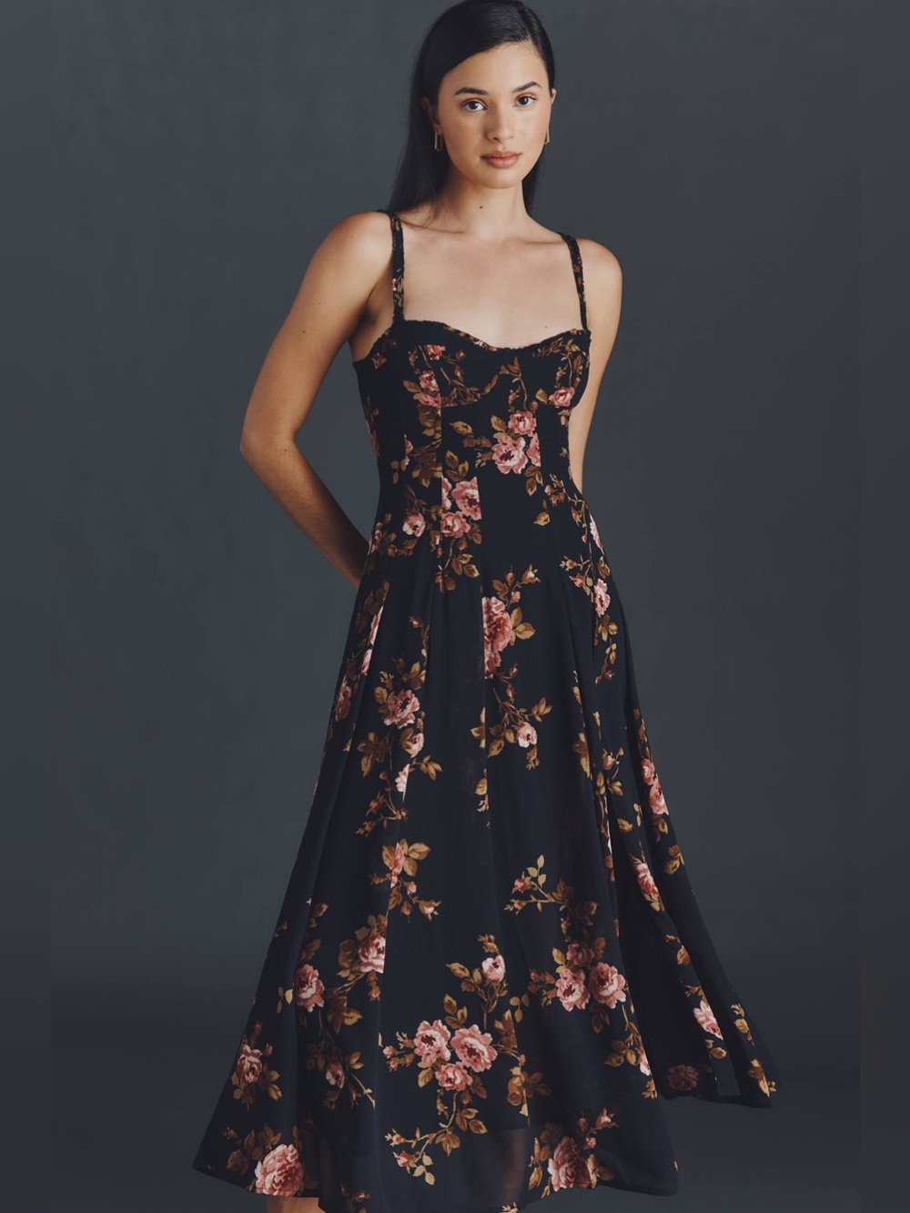 Reformation Katara a line bustier midi dress in Ballad rose floral black pink